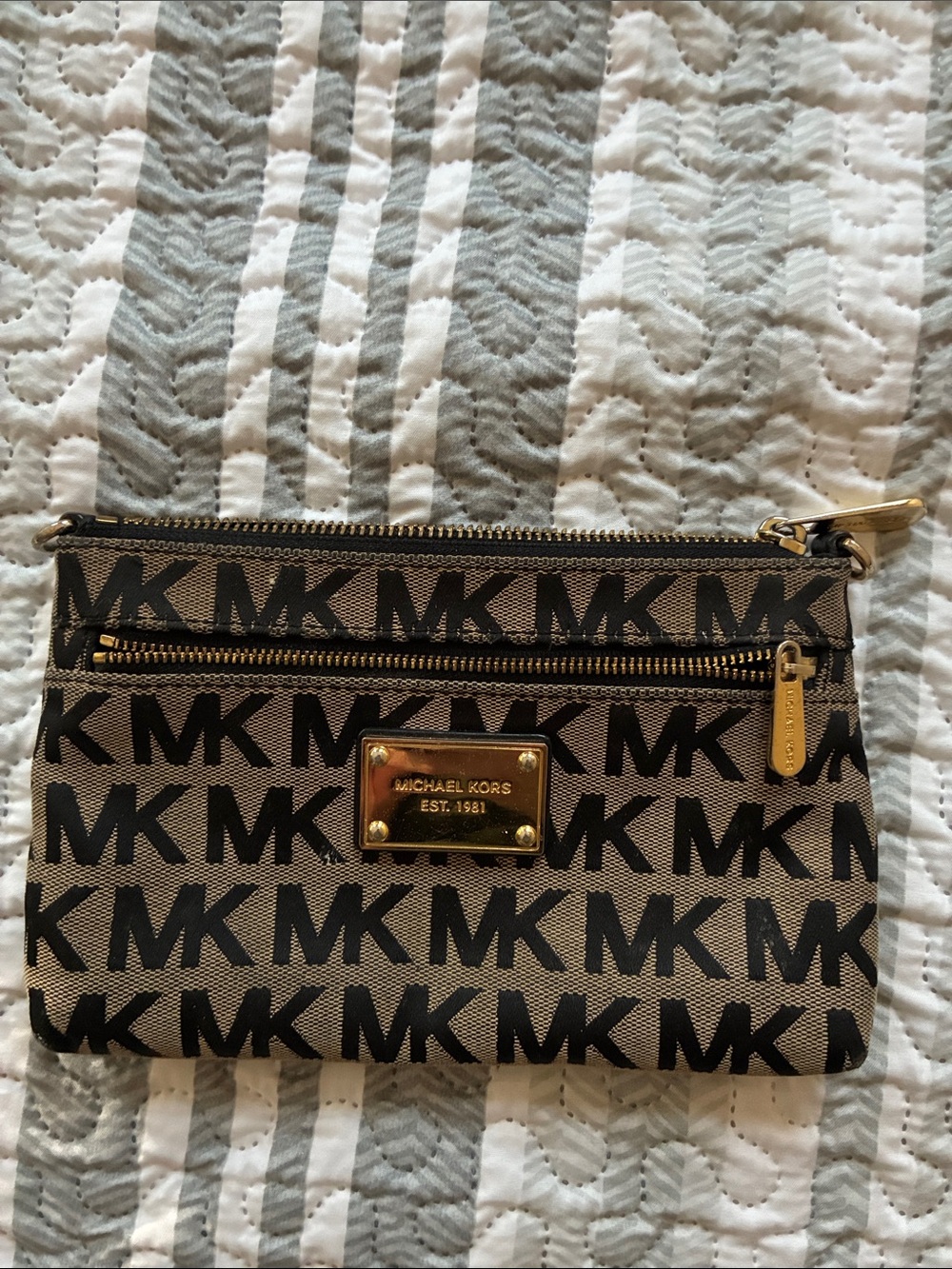 Michael Kors Black & Brown MK Logo Zip Wristlet with Gold Hardware